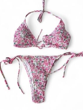 Pink Floral Smocked Tie-Side Bikini  Swim